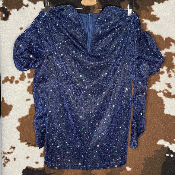 NWT AREA STARS Sparkle Off Shoulder Plunge Puff Long Sleeve Bodycon Mini Dress M - Picture 4 of 7